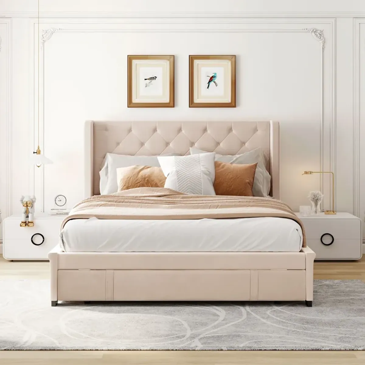 Queen Size Storage Bed Velvet Upholstered Platform Bed With Wingback Headboard And A Big Drawer