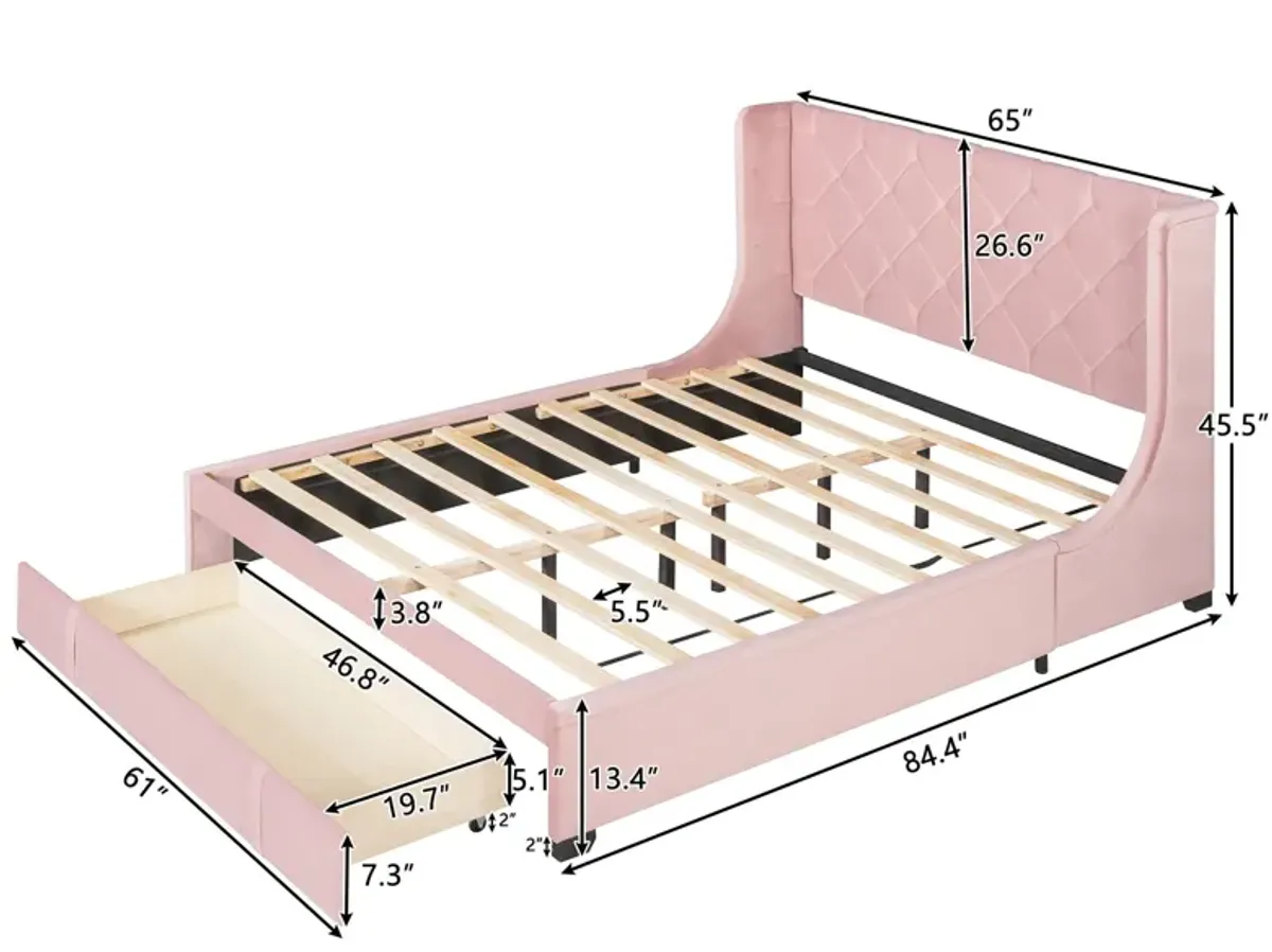Queen Size Storage Bed Velvet Upholstered Platform Bed With Wingback Headboard And A Big Drawer