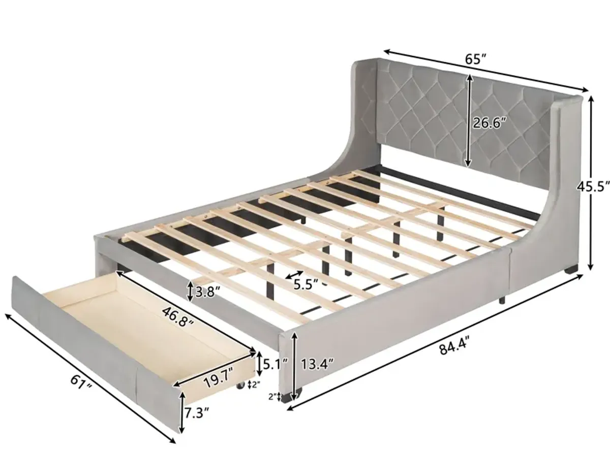 Queen Size Storage Bed Velvet Upholstered Platform Bed With Wingback Headboard And A Big Drawer