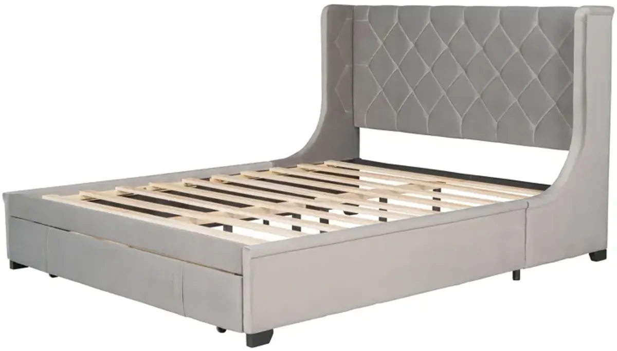 Queen Size Storage Bed Velvet Upholstered Platform Bed With Wingback Headboard And A Big Drawer