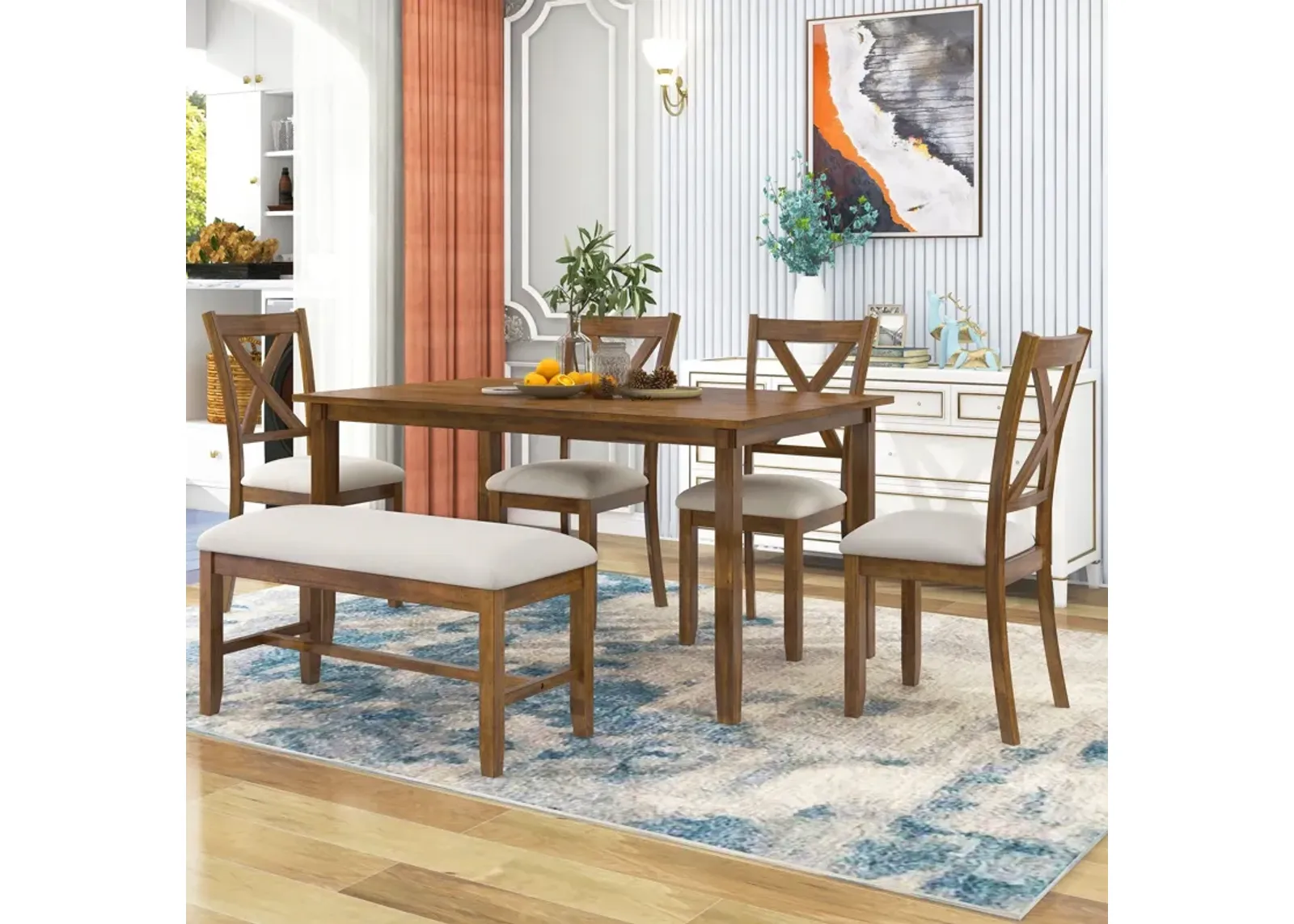 Kitchen Dining Table Set Wooden Rectangular Dining Table, 4 Chairs And Bench Family Furniture