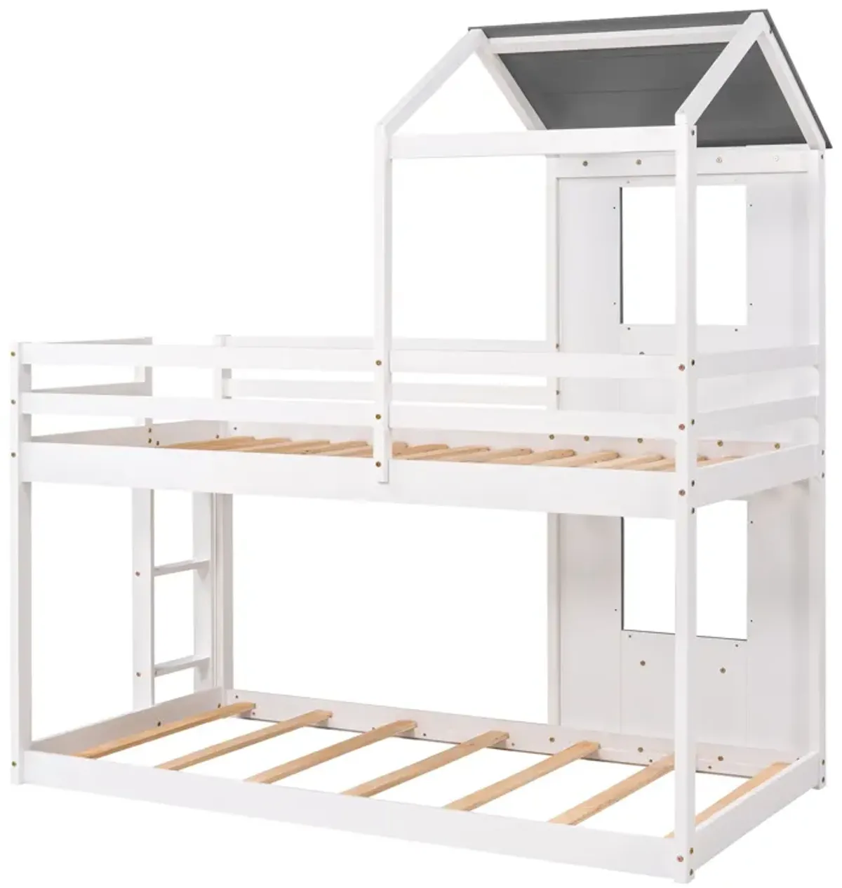 Twin Over Twin Bunk Bed Wood Bed & Roof, Window, Guardrail, Ladder