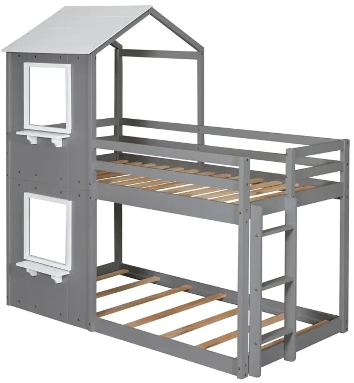 Twin Over Twin Bunk Bed Wood Bed & Roof, Window, Guardrail, Ladder