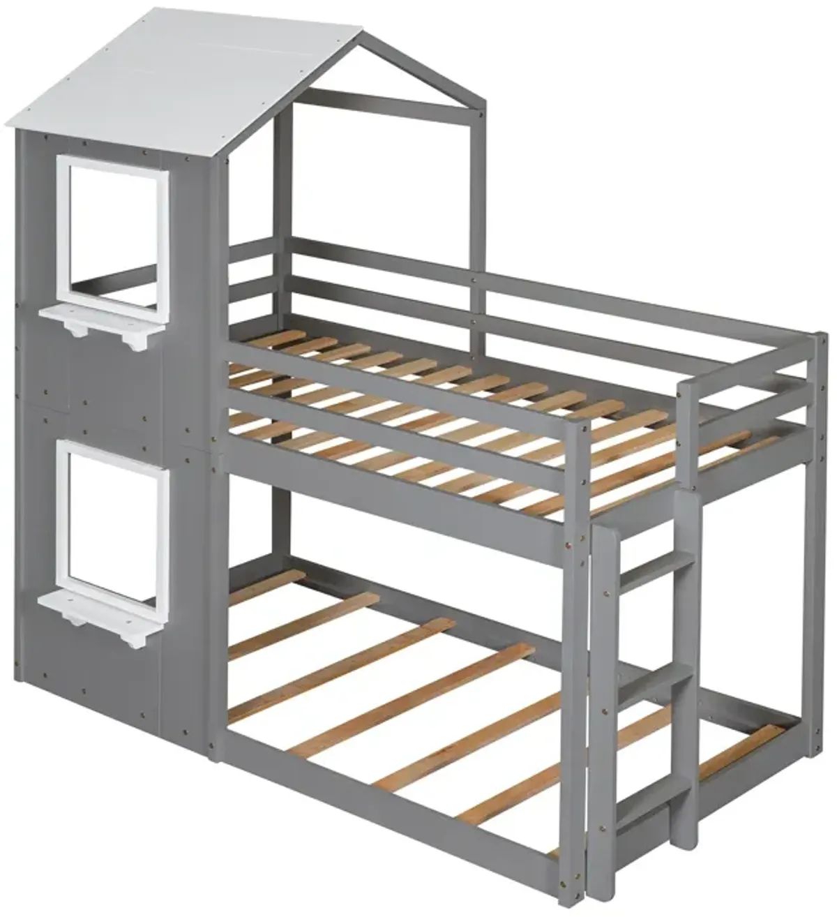 Twin Over Twin Bunk Bed Wood Bed & Roof, Window, Guardrail, Ladder