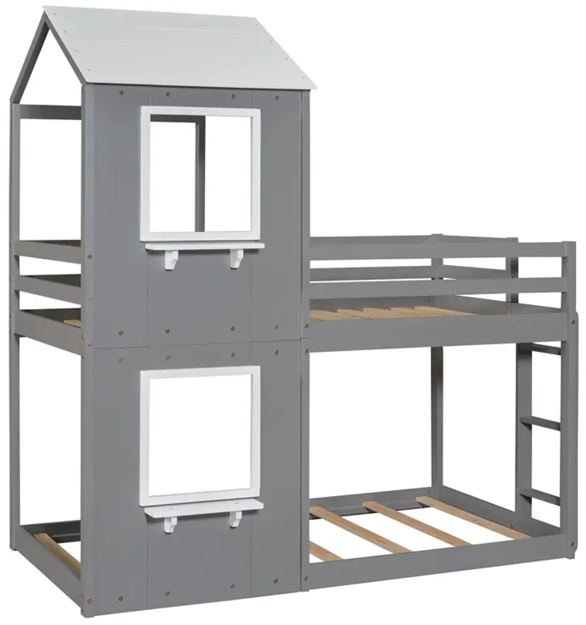 Twin Over Twin Bunk Bed Wood Bed & Roof, Window, Guardrail, Ladder