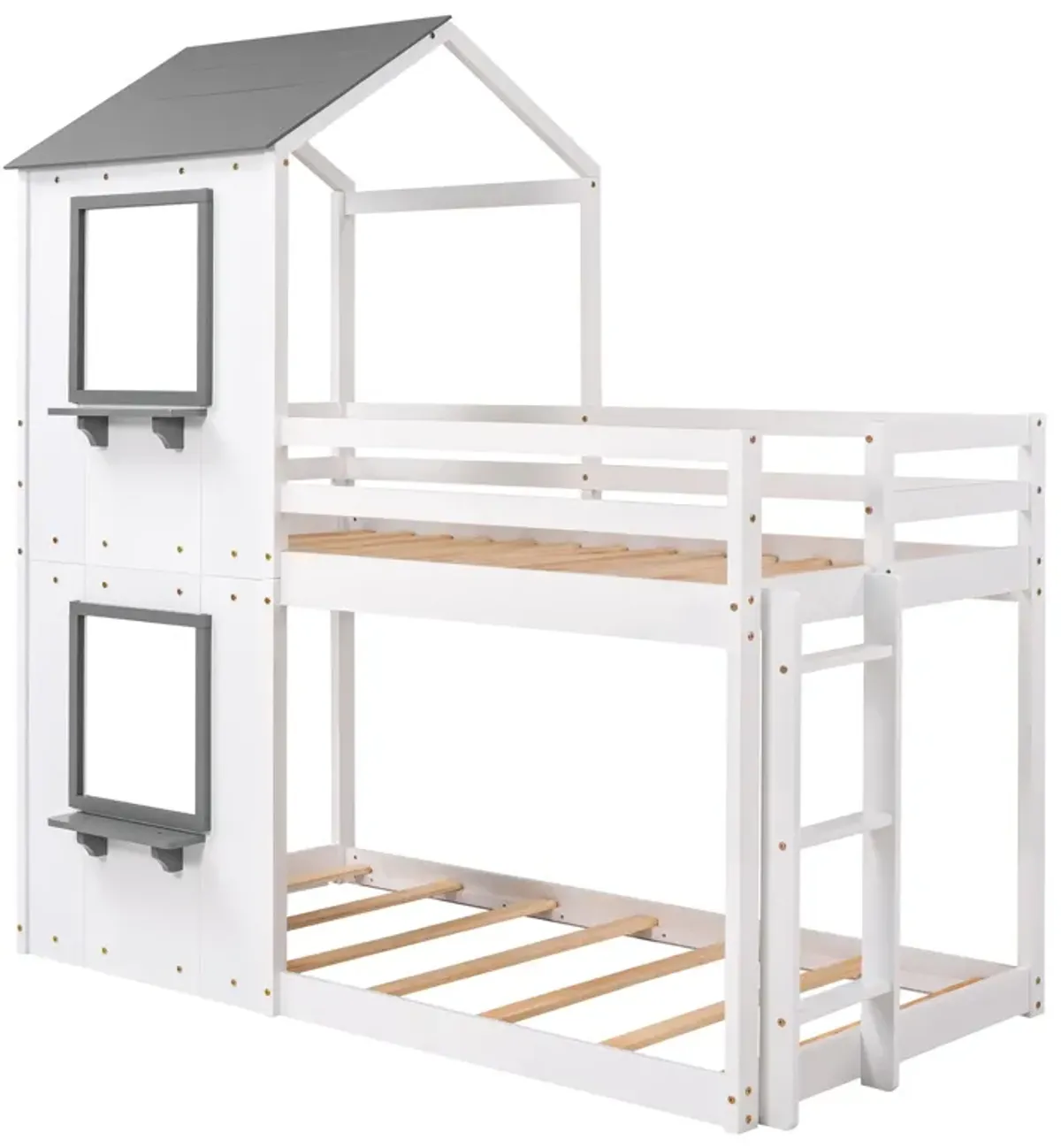 Twin Over Twin Bunk Bed Wood Bed & Roof, Window, Guardrail, Ladder