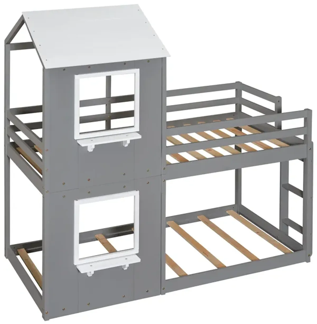 Twin Over Twin Bunk Bed Wood Bed & Roof, Window, Guardrail, Ladder