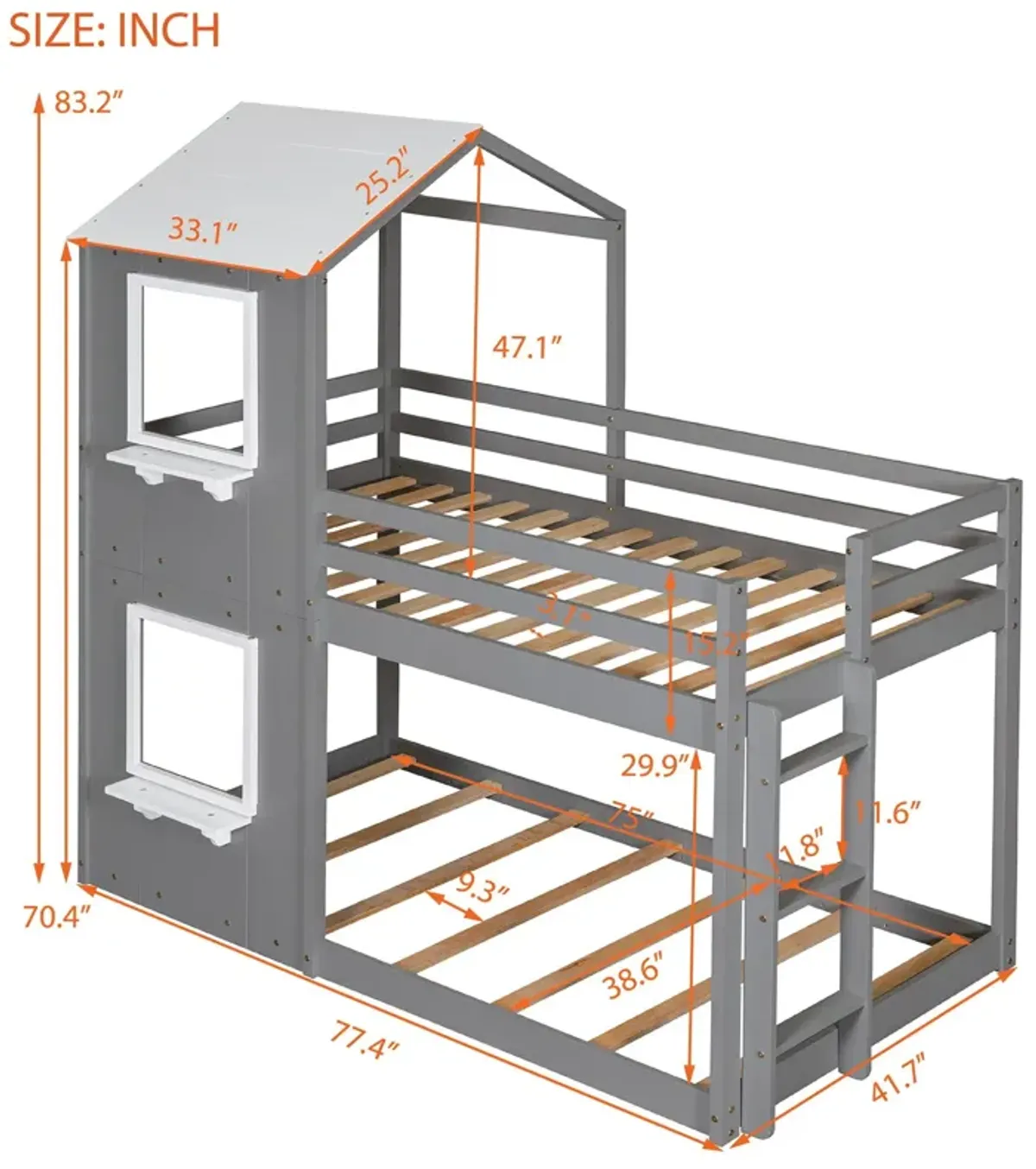 Twin Over Twin Bunk Bed Wood Bed & Roof, Window, Guardrail, Ladder