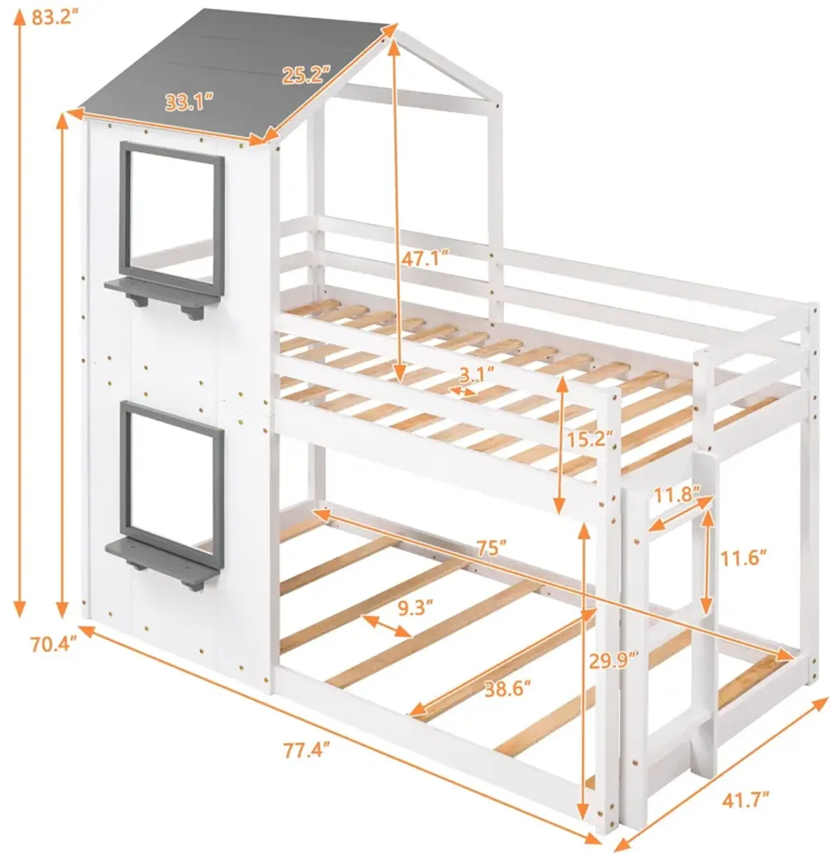 Twin Over Twin Bunk Bed Wood Bed & Roof, Window, Guardrail, Ladder