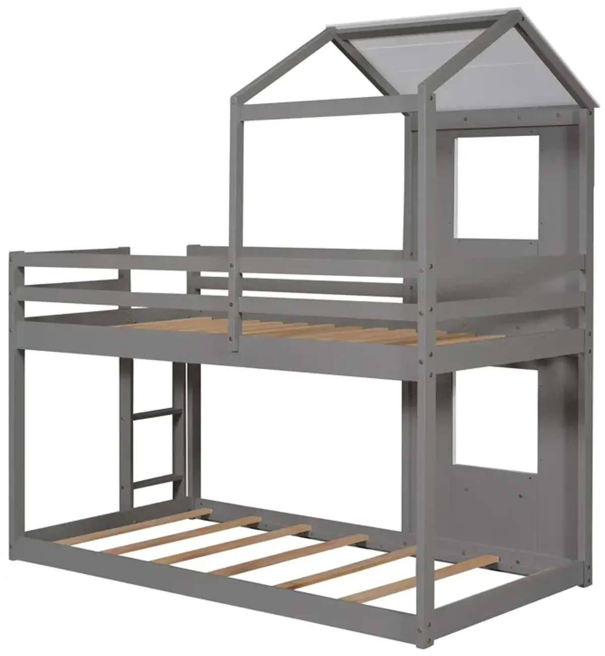 Twin Over Twin Bunk Bed Wood Bed & Roof, Window, Guardrail, Ladder