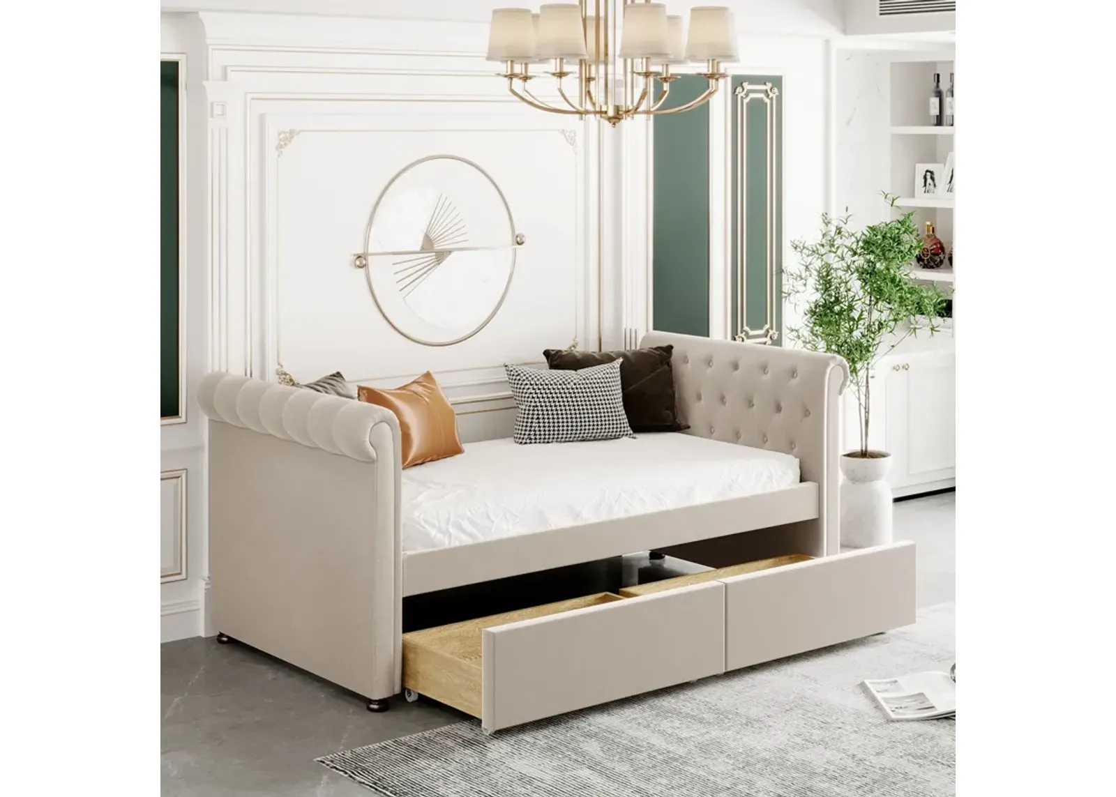 Upholstered Daybed With Drawers, Wood Slat Support