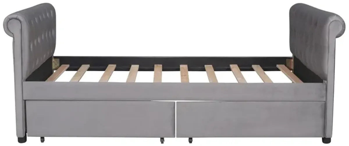 Upholstered Daybed With Drawers, Wood Slat Support