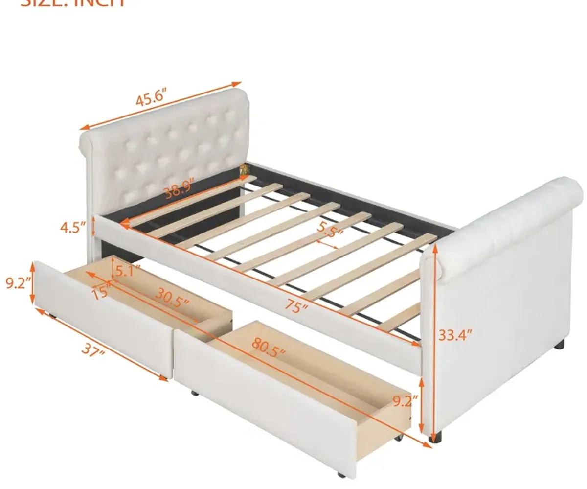 Upholstered Daybed With Drawers, Wood Slat Support