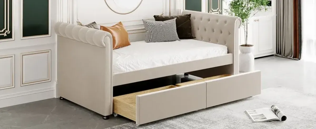 Upholstered Daybed With Drawers, Wood Slat Support