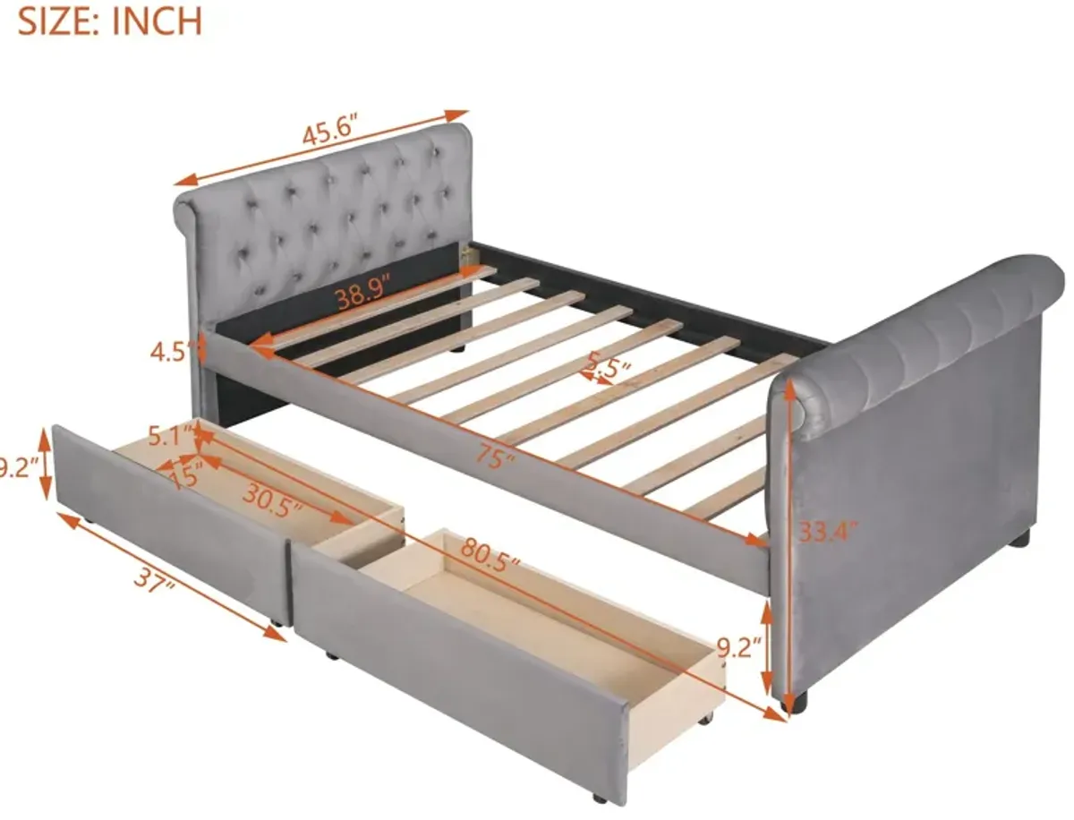 Upholstered Daybed With Drawers, Wood Slat Support