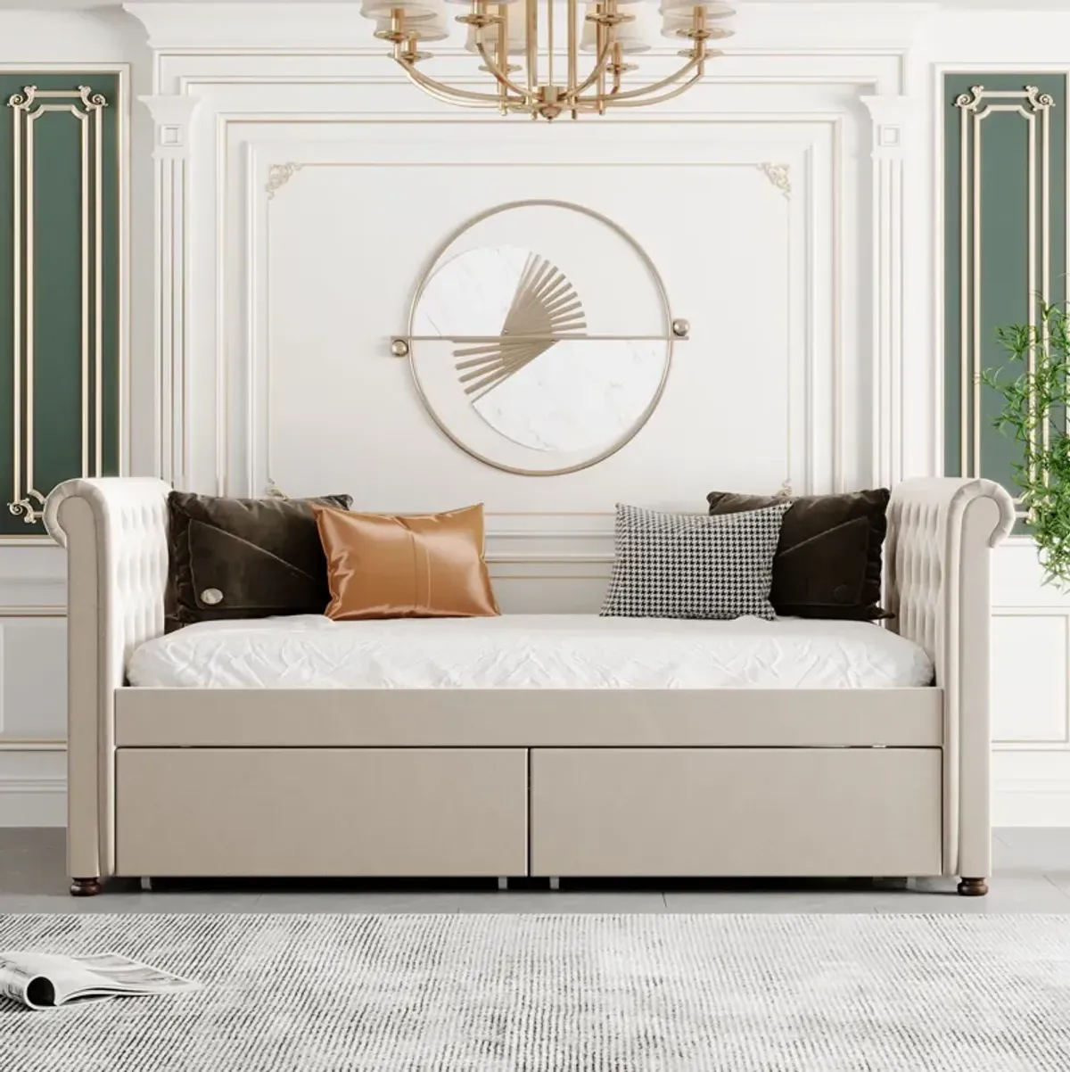 Upholstered Daybed With Drawers, Wood Slat Support