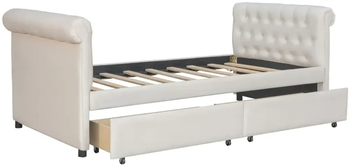 Upholstered Daybed With Drawers, Wood Slat Support