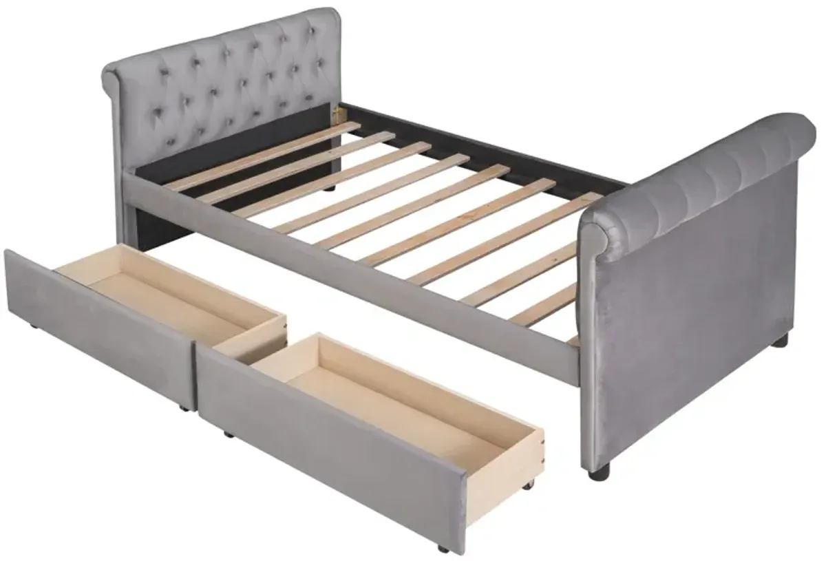 Upholstered Daybed With Drawers, Wood Slat Support