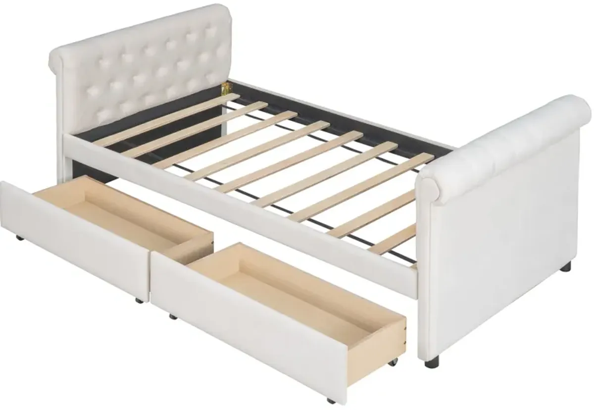 Upholstered Daybed With Drawers, Wood Slat Support