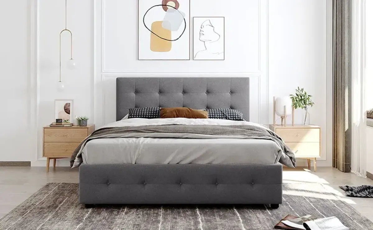 Upholstered Platform Bed With Classic Headboard And 4 Drawers, No Box Spring Needed