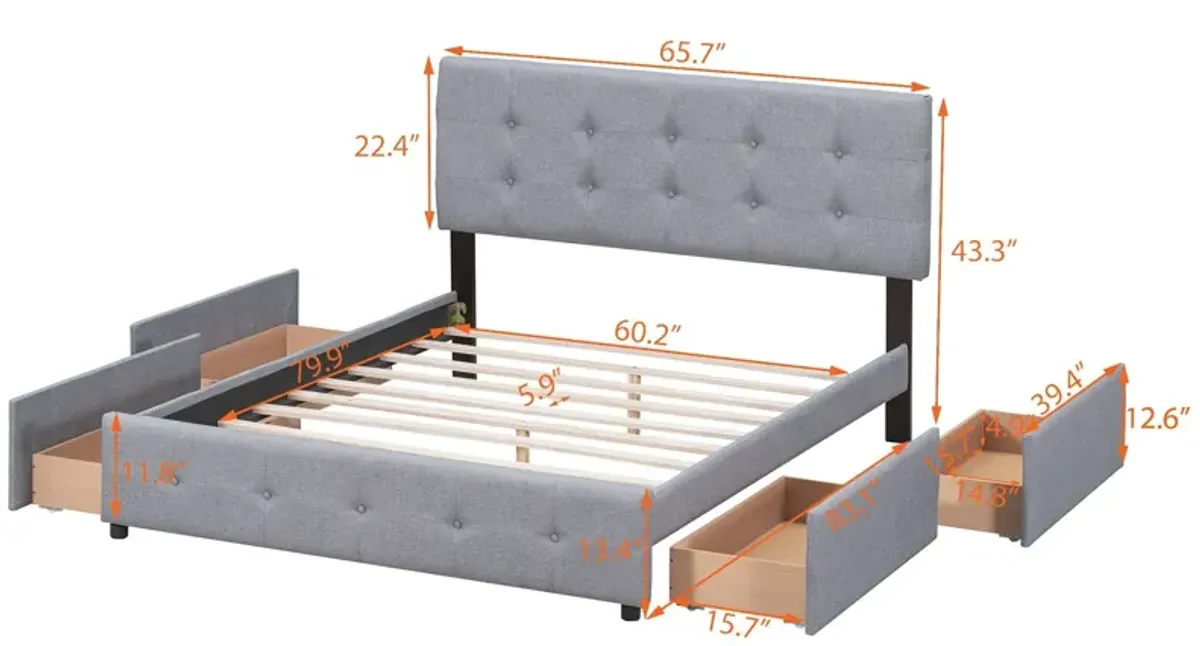 Upholstered Platform Bed With Classic Headboard And 4 Drawers, No Box Spring Needed