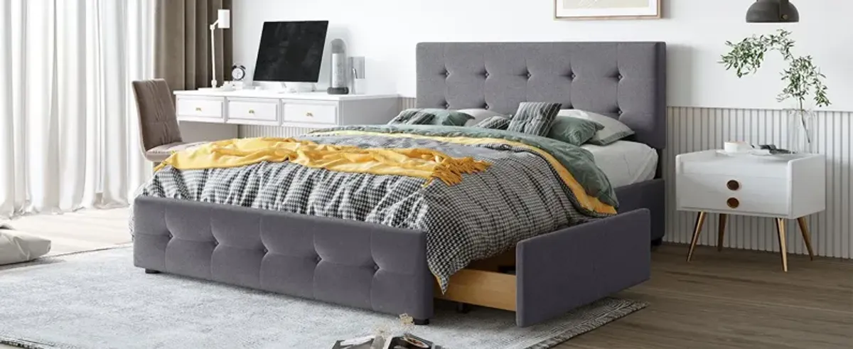 Upholstered Platform Bed With Classic Headboard And 4 Drawers, No Box Spring Needed