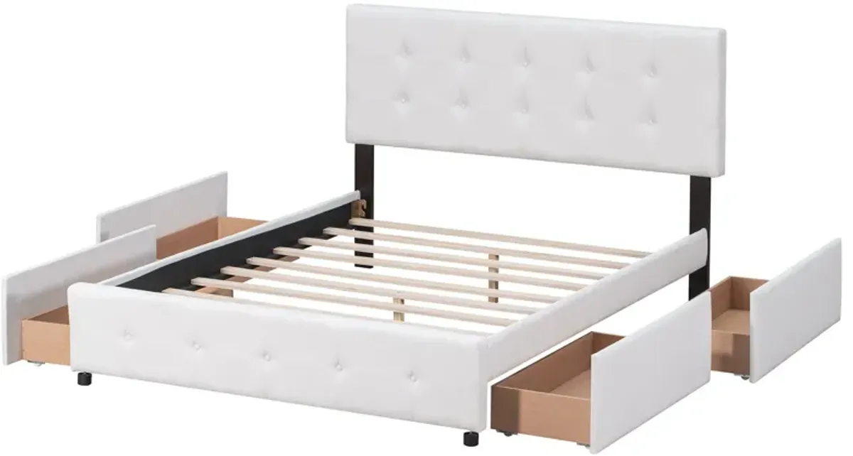 Upholstered Platform Bed With Classic Headboard And 4 Drawers, No Box Spring Needed