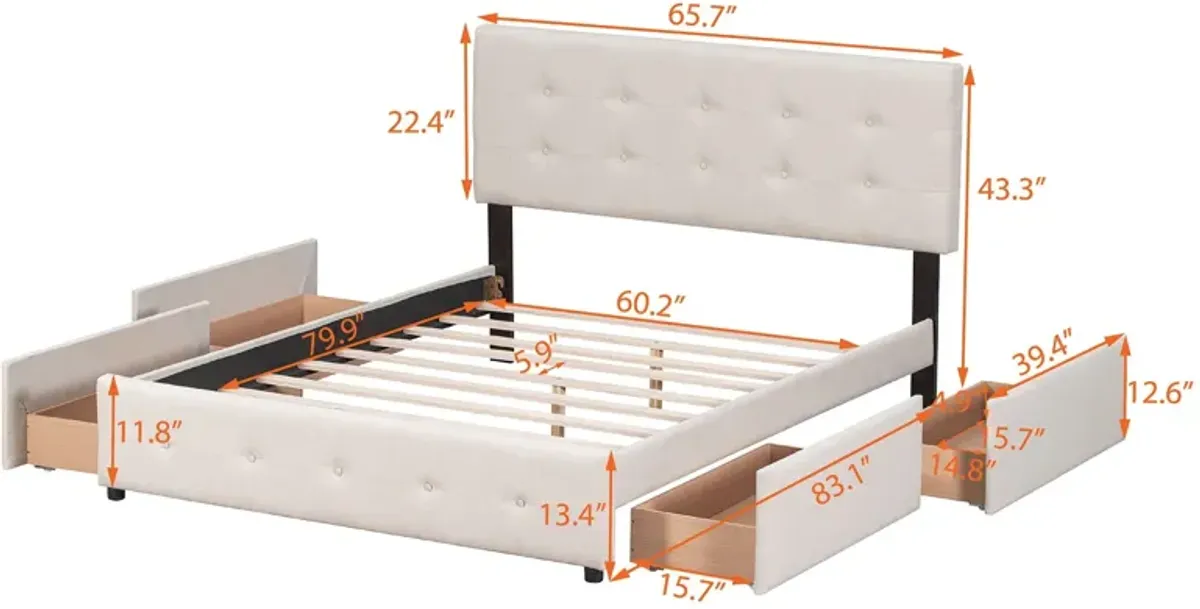 Upholstered Platform Bed With Classic Headboard And 4 Drawers, No Box Spring Needed