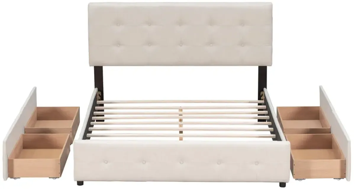 Upholstered Platform Bed With Classic Headboard And 4 Drawers, No Box Spring Needed