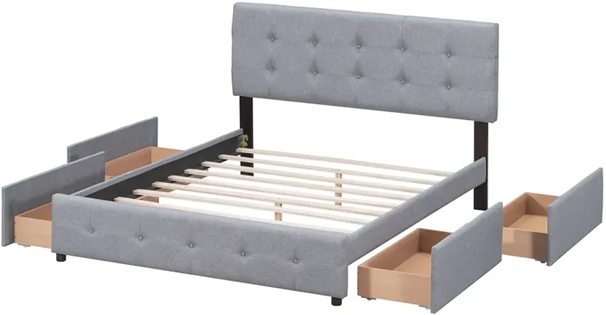 Upholstered Platform Bed With Classic Headboard And 4 Drawers, No Box Spring Needed