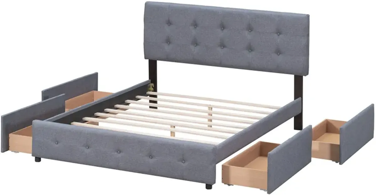 Upholstered Platform Bed With Classic Headboard And 4 Drawers, No Box Spring Needed