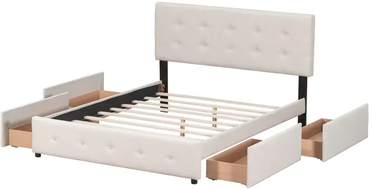 Upholstered Platform Bed With Classic Headboard And 4 Drawers, No Box Spring Needed