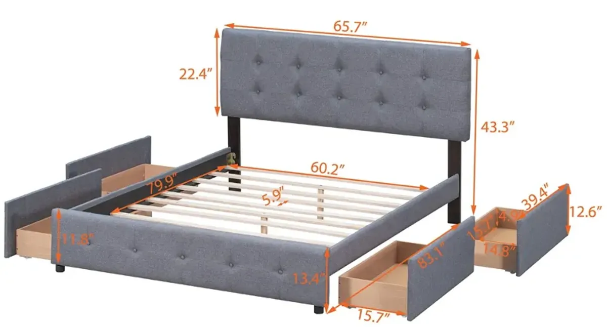 Upholstered Platform Bed With Classic Headboard And 4 Drawers, No Box Spring Needed