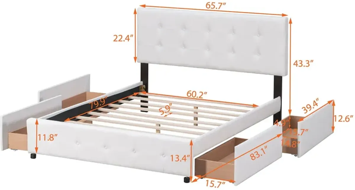 Upholstered Platform Bed With Classic Headboard And 4 Drawers, No Box Spring Needed