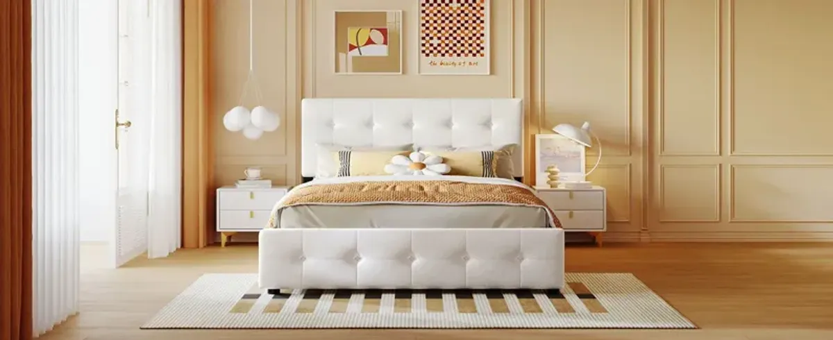 Upholstered Platform Bed With Classic Headboard And 4 Drawers, No Box Spring Needed