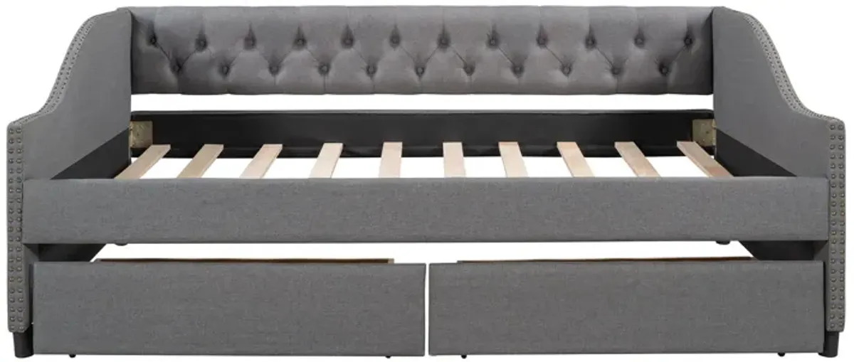 Full Size Upholstered Daybed With Two Drawers, Wood Slat Support