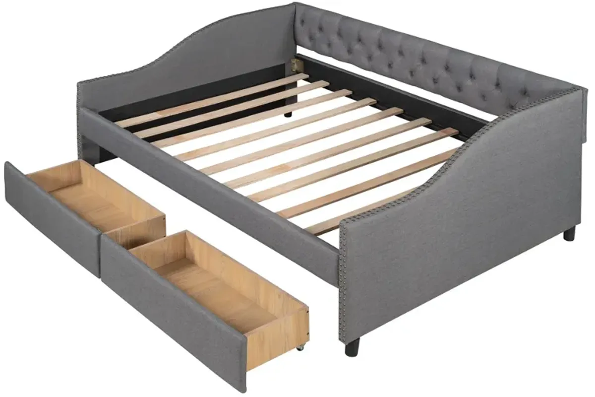 Full Size Upholstered Daybed With Two Drawers, Wood Slat Support