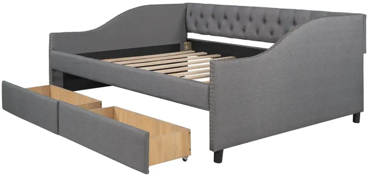 Full Size Upholstered Daybed With Two Drawers, Wood Slat Support