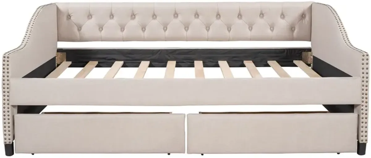 Full Size Upholstered Daybed With Two Drawers, Wood Slat Support