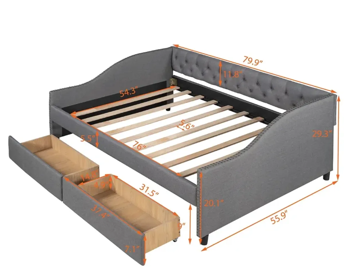 Full Size Upholstered Daybed With Two Drawers, Wood Slat Support