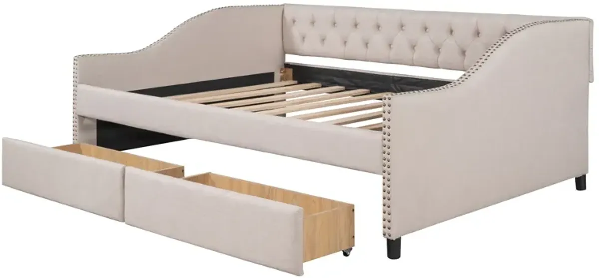 Full Size Upholstered Daybed With Two Drawers, Wood Slat Support