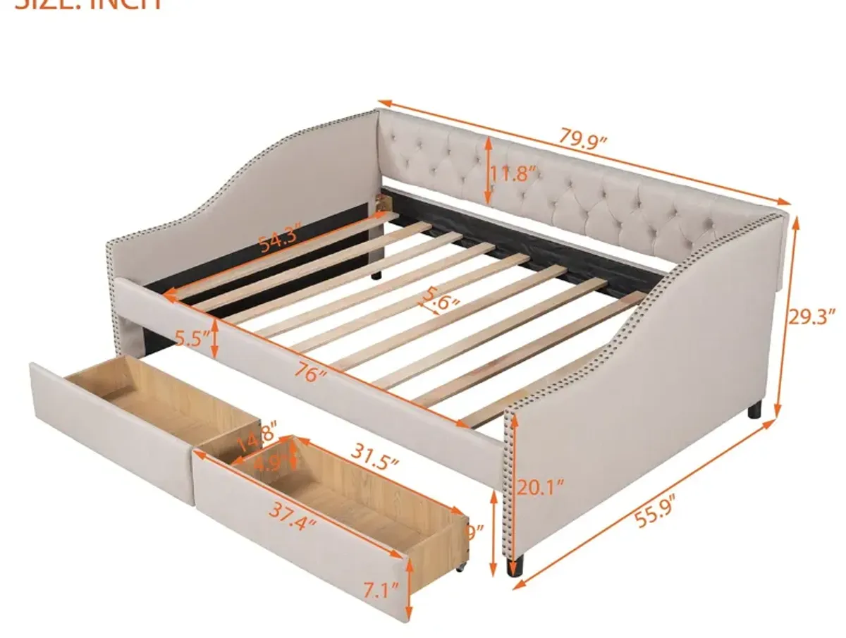 Full Size Upholstered Daybed With Two Drawers, Wood Slat Support