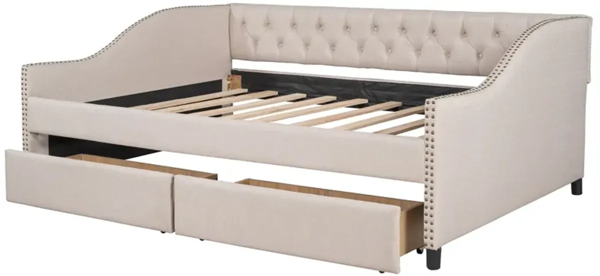 Full Size Upholstered Daybed With Two Drawers, Wood Slat Support