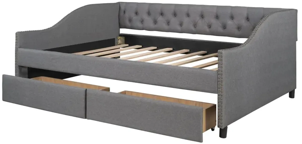 Full Size Upholstered Daybed With Two Drawers, Wood Slat Support