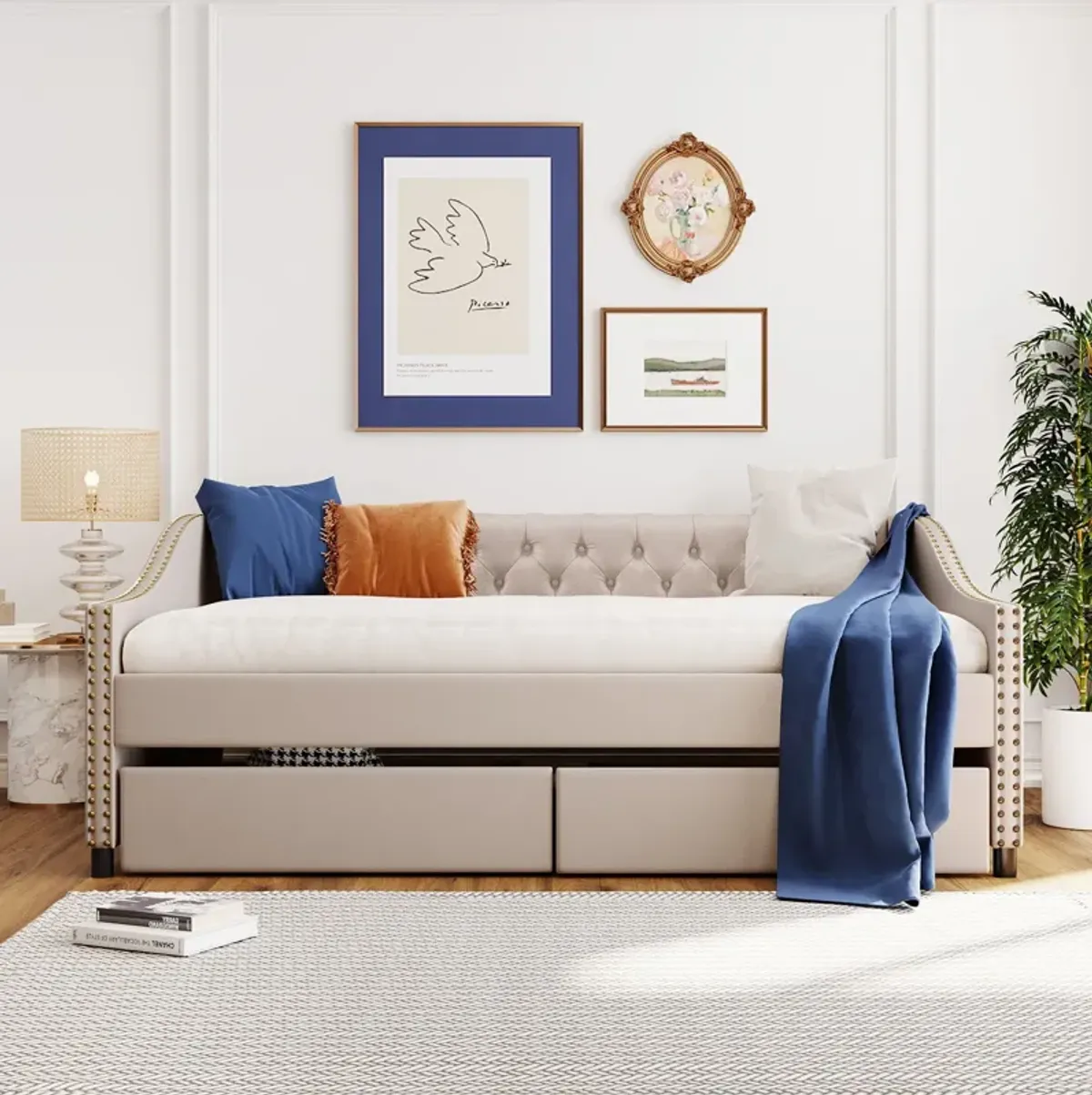 Full Size Upholstered Daybed With Two Drawers, Wood Slat Support