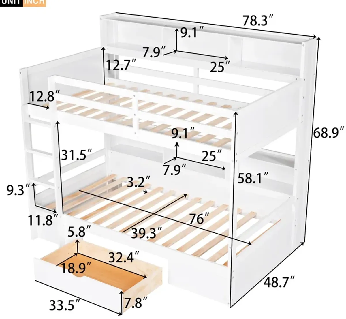 Twin Size Bunk Bed With Built-In Shelves Beside Both Upper And Down Bed And Storage Drawer