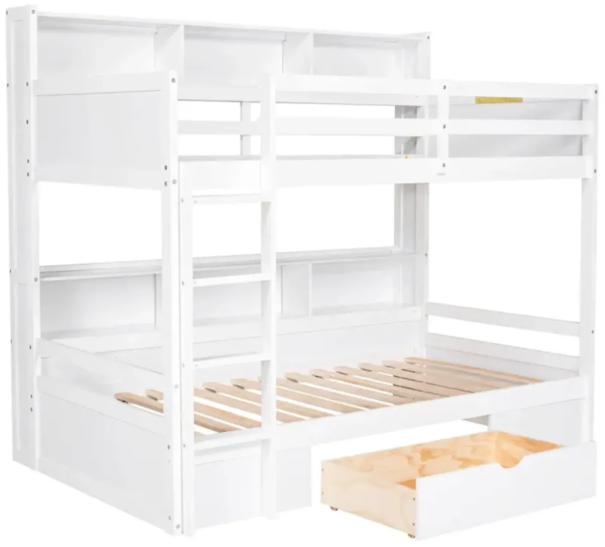 Twin Size Bunk Bed With Built-In Shelves Beside Both Upper And Down Bed And Storage Drawer