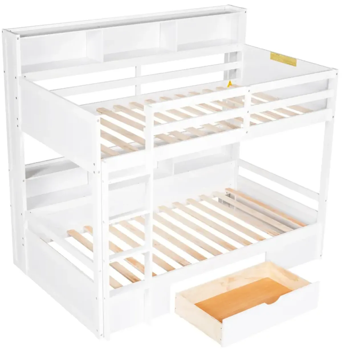 Twin Size Bunk Bed With Built-In Shelves Beside Both Upper And Down Bed And Storage Drawer