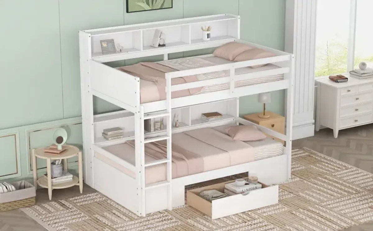 Twin Size Bunk Bed With Built-In Shelves Beside Both Upper And Down Bed And Storage Drawer