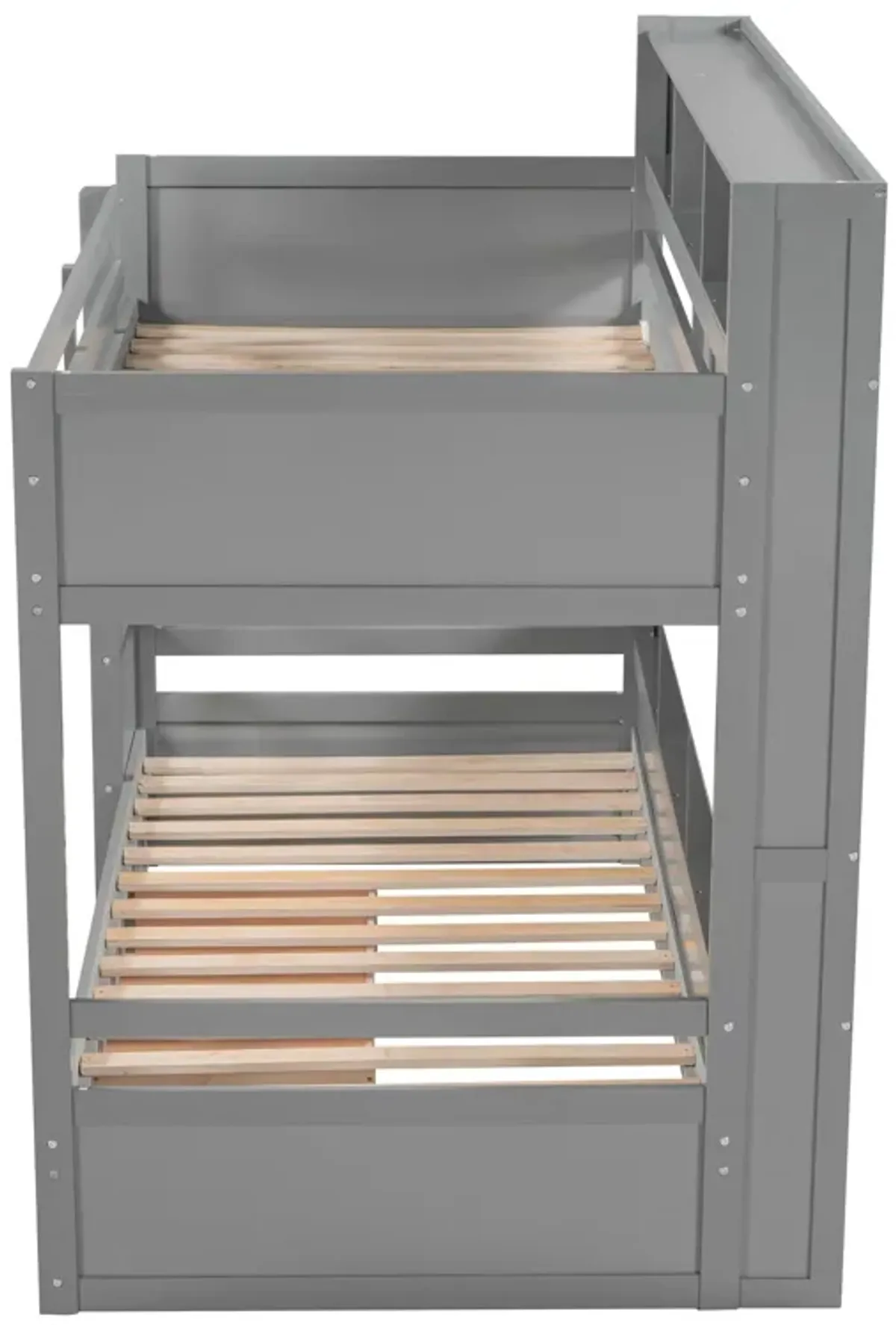 Twin Size Bunk Bed With Built-In Shelves Beside Both Upper And Down Bed And Storage Drawer